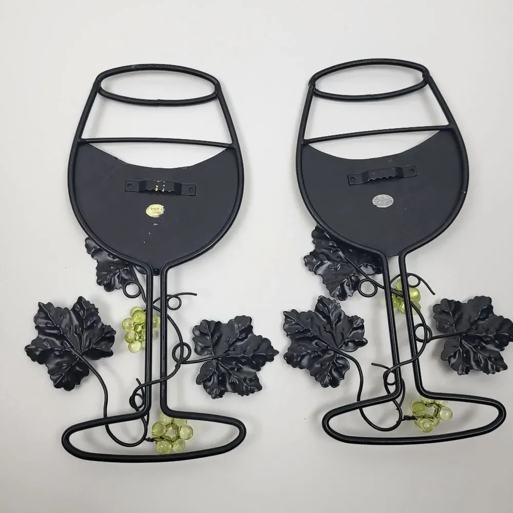 Metal Wine Glass Set, Hanging Wall Decor - Green, Black, Bronze, Leaves & Grapes